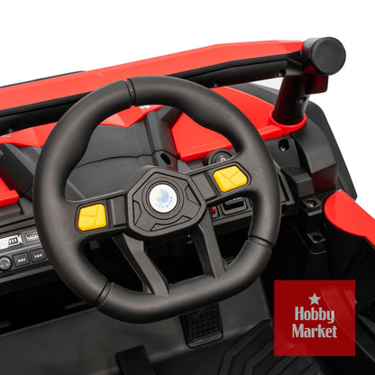 Volante negro de buggy eléctrico infantil rojo con botones amarillos y panel de control multimedia integrado.