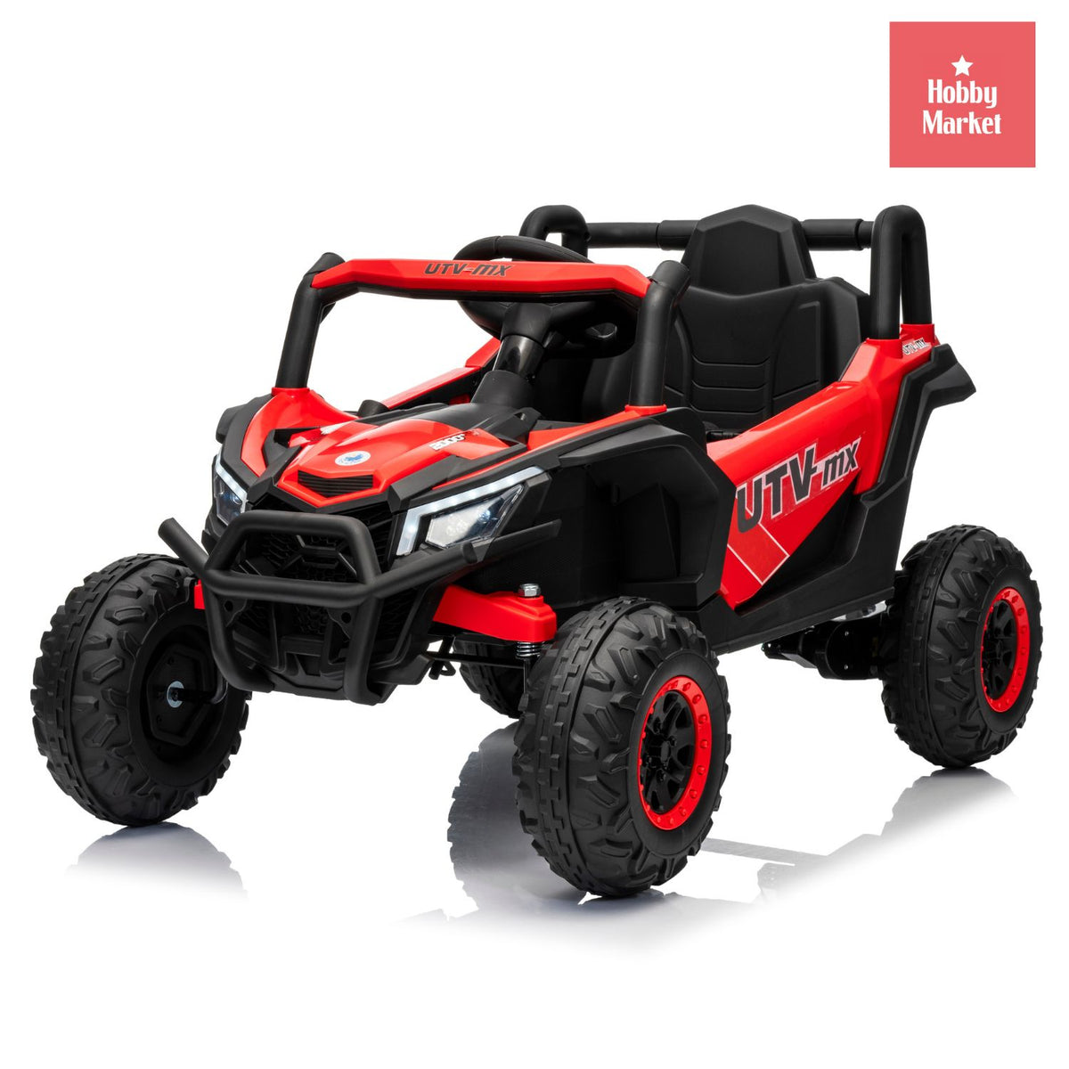 Buggy eléctrico infantil rojo de 12V con diseño UTV, ruedas todoterreno, luces delanteras y puertas practicables.