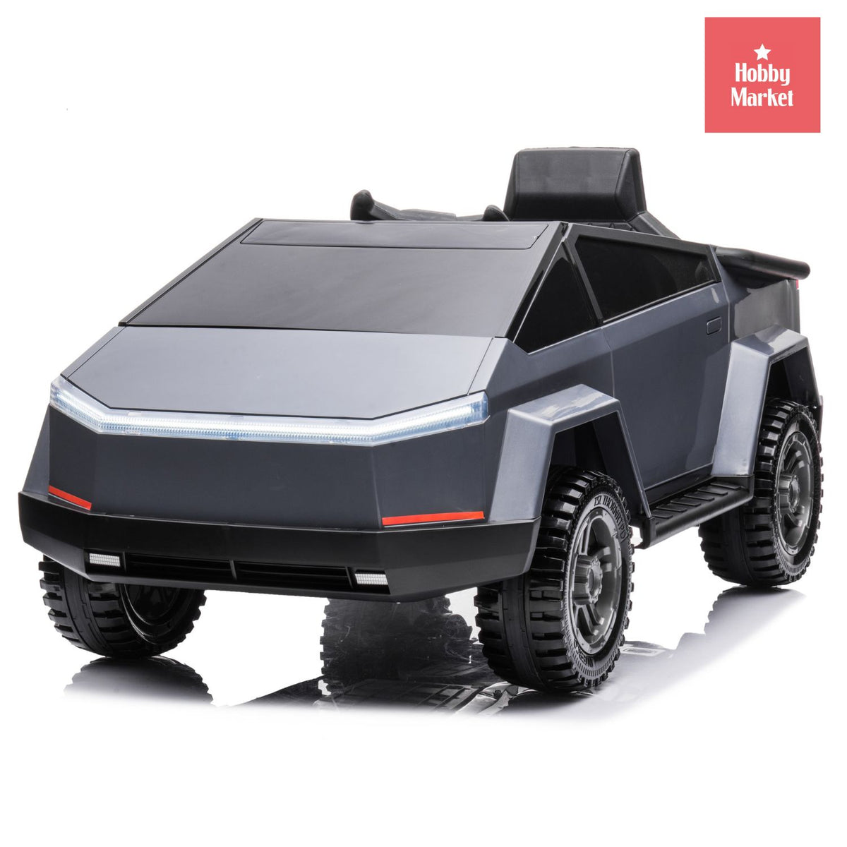 Auto infantil Cyber gris de diseño futurista con líneas geométricas, luces LED frontales y ruedas todoterreno robustas.