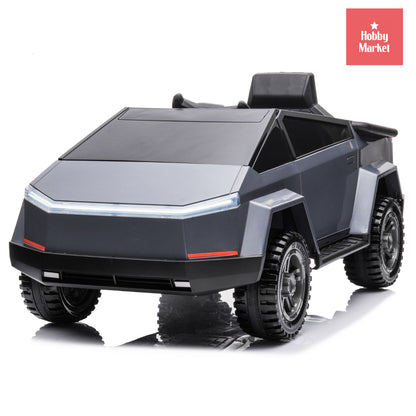 Auto infantil Cyber gris de diseño futurista con líneas geométricas, luces LED frontales y ruedas todoterreno robustas.
