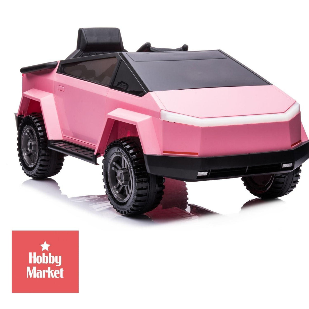 Auto infantil eléctrico rosa con diseño futurista, líneas geométricas, luces LED frontales y ruedas todoterreno robustas.