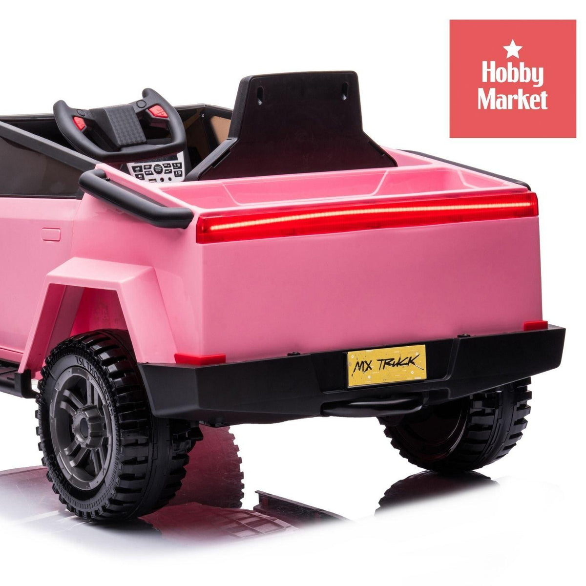 Vehículo infantil Cyber rosa con diseño futurista, luces LED traseras, carrocería geométrica y ruedas todoterreno.