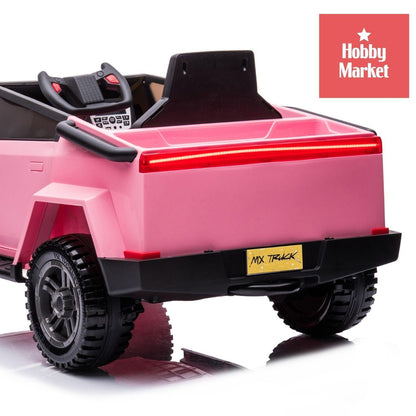 Vehículo infantil Cyber rosa con diseño futurista, luces LED traseras, carrocería geométrica y ruedas todoterreno.