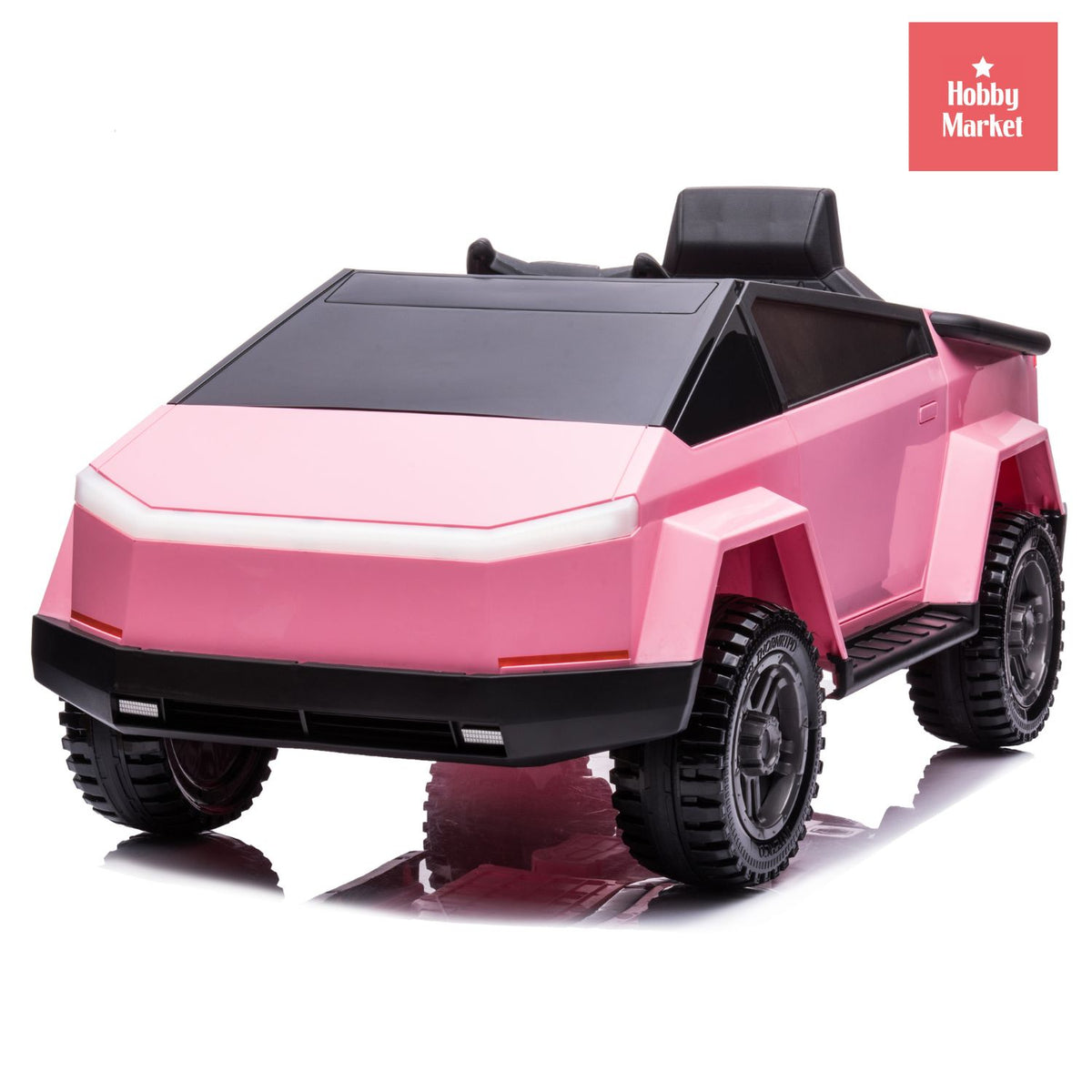Vehículo infantil eléctrico color rosa con diseño futurista, líneas geométricas, luces LED frontales y grandes ruedas negras.