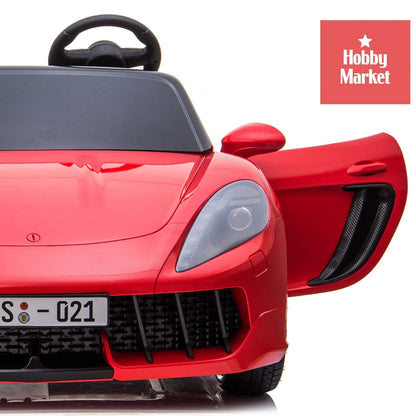 Auto eléctrico infantil XL color rojo con puertas abatibles, diseño deportivo y detalles realistas de Hobby Market.