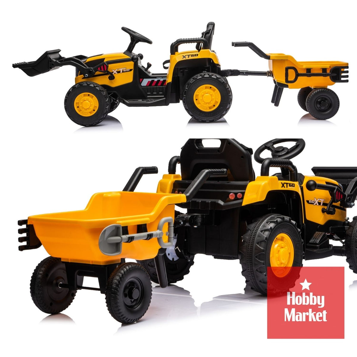 Tractor eléctrico infantil amarillo de 12V con pala frontal, remolque desmontable y herramientas de juguete incluidas.
