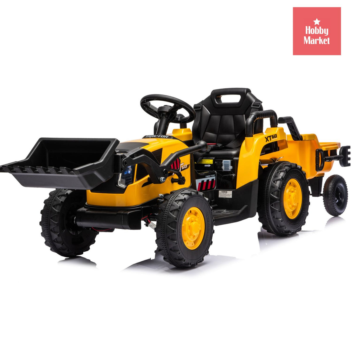 Tractor eléctrico infantil amarillo de 12V con pala frontal, remolque trasero y ruedas todoterreno para niños.