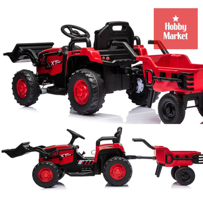 Tractor eléctrico infantil rojo de 12V con pala delantera, remolque desmontable y herramientas de juguete incluidas.