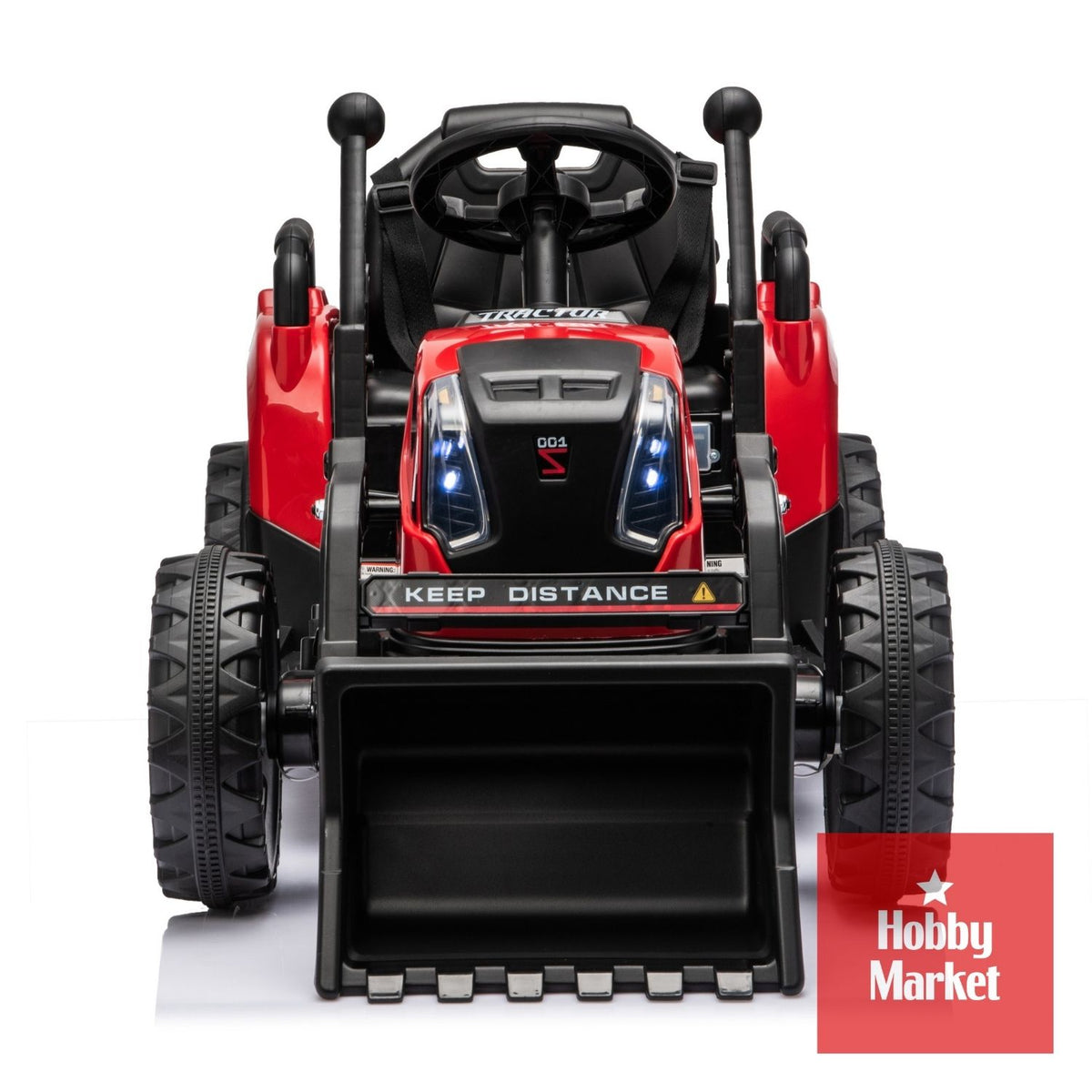 Tractor eléctrico infantil rojo de 12V con pala frontal negra, luces LED y diseño robusto para niños.