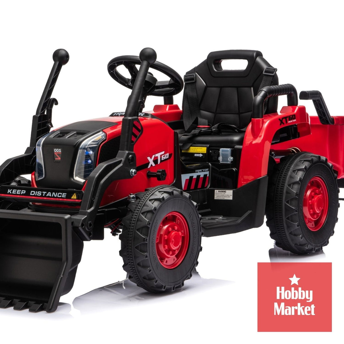 Tractor eléctrico infantil rojo de 12V con pala delantera, remolque trasero, asiento con cinturón y ruedas todoterreno.