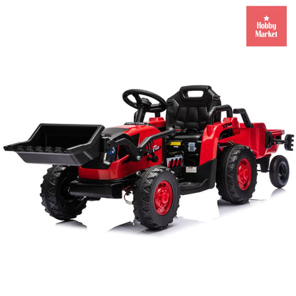 Tractor eléctrico infantil rojo de 12V con pala delantera funcional, remolque trasero y ruedas todoterreno resistentes.