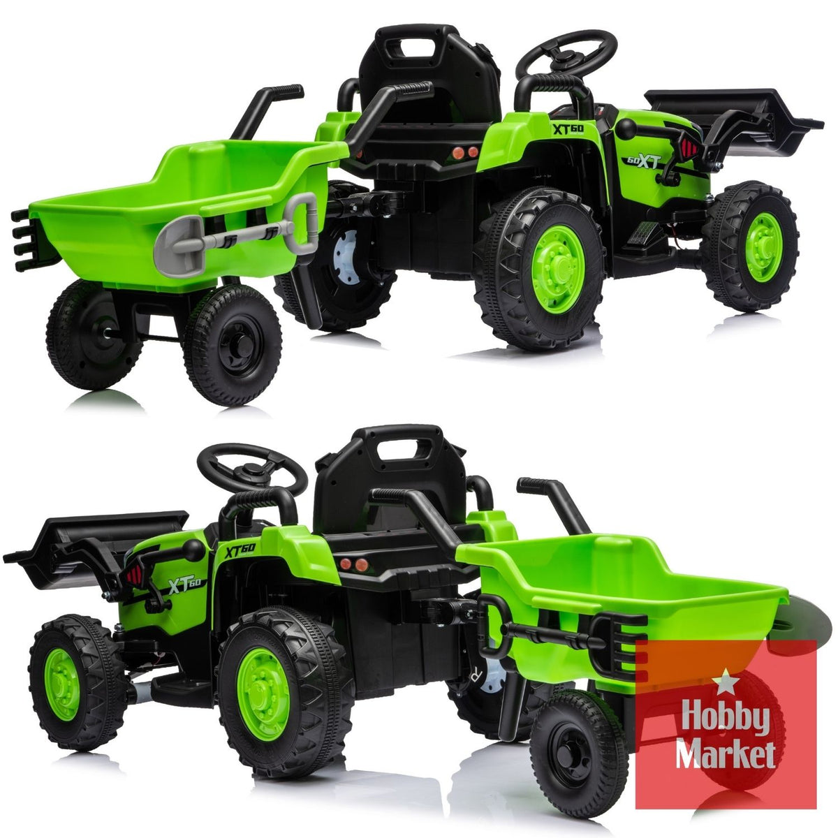 Tractor eléctrico infantil verde de 12V con pala delantera, remolque desmontable y herramientas de juguete incluidas.