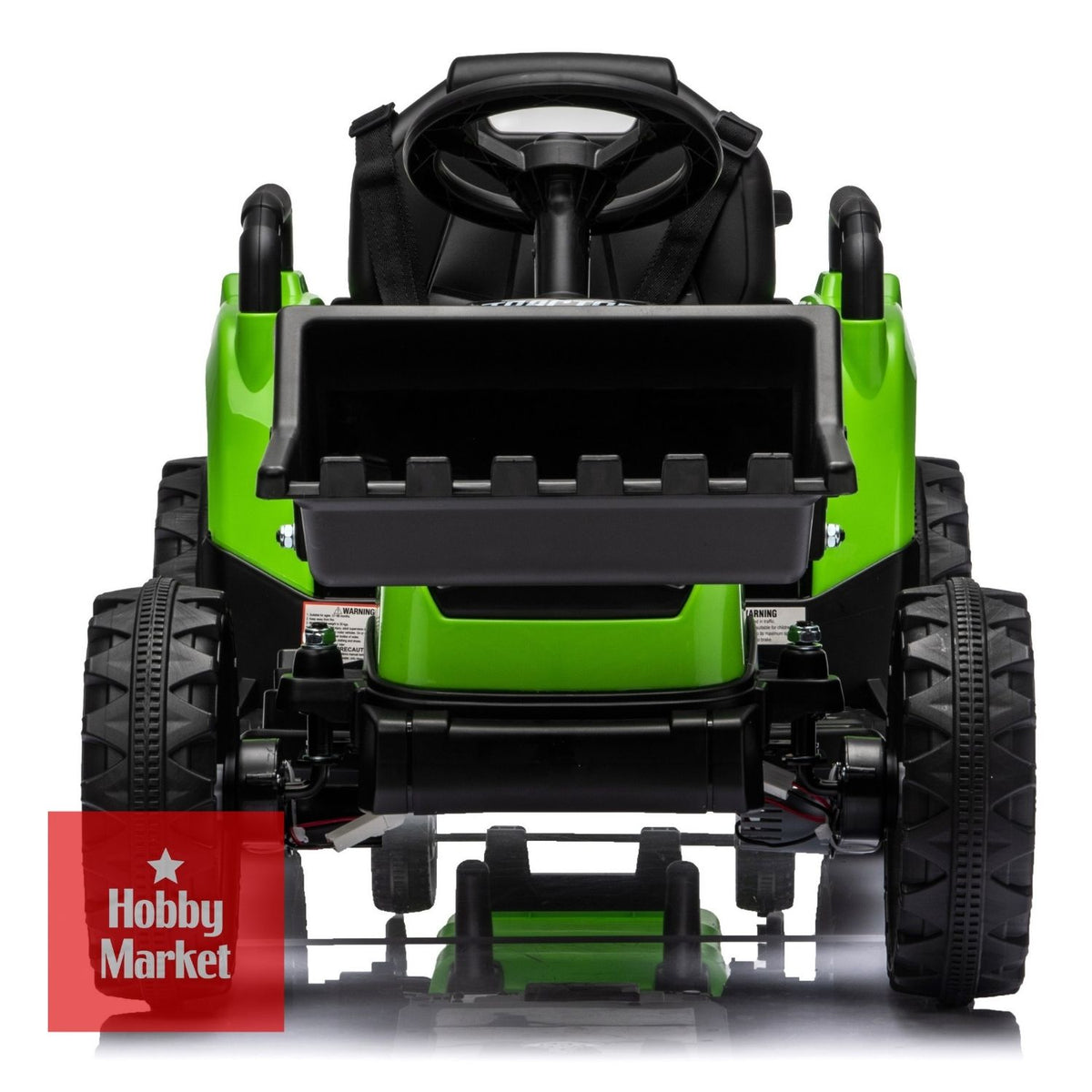 Tractor eléctrico infantil verde de 12V con pala frontal negra, volante y ruedas todoterreno resistentes.