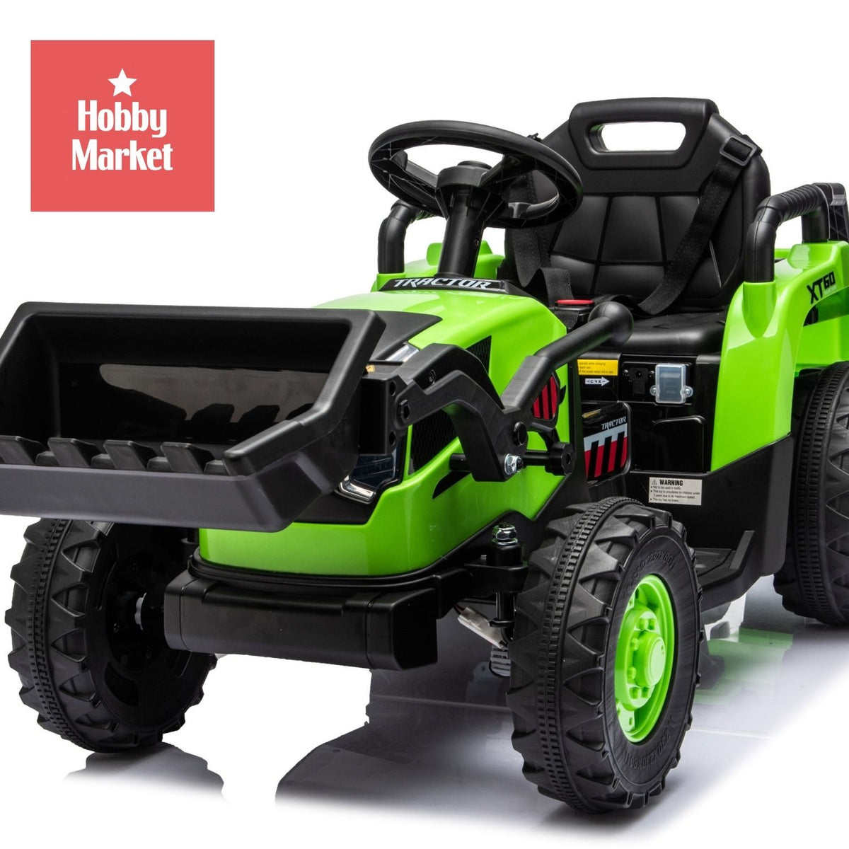Tractor eléctrico infantil verde de 12V con pala frontal negra, asiento ergonómico y ruedas todoterreno resistentes.
