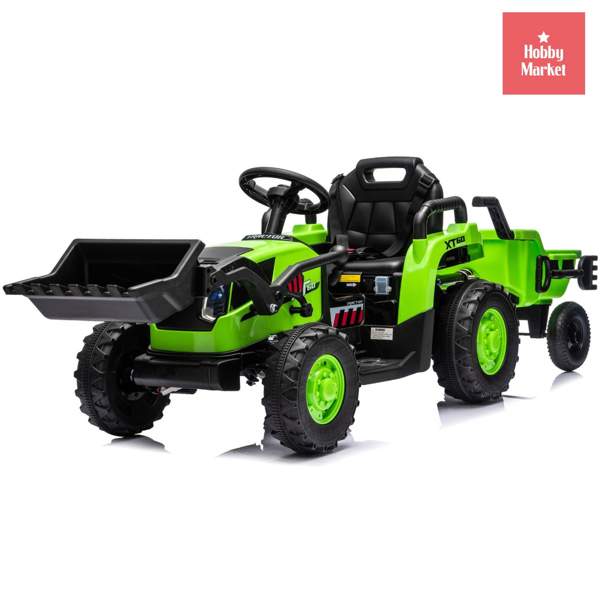 Tractor eléctrico infantil verde de 12V con pala delantera funcional, remolque trasero y ruedas todoterreno resistentes.